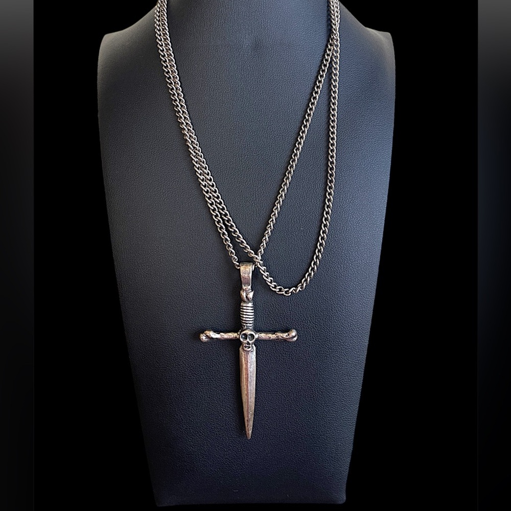 Skull and Bones Dagger Cross Pendant Silver Tone Long Chain Necklace